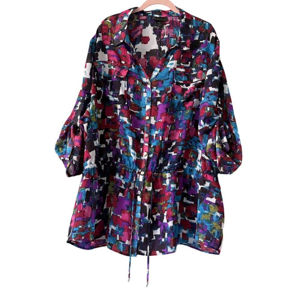 Lane Bryant Womens Multicolor Abstract Button Drawstring Top 26/28  Office Wear